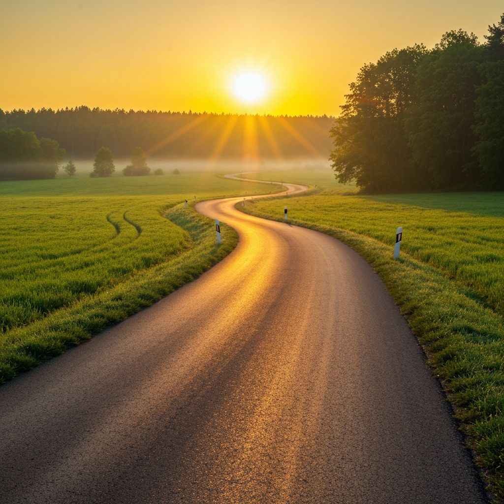 A winding road leading toward a bright sunrise, representing the journey of reentry